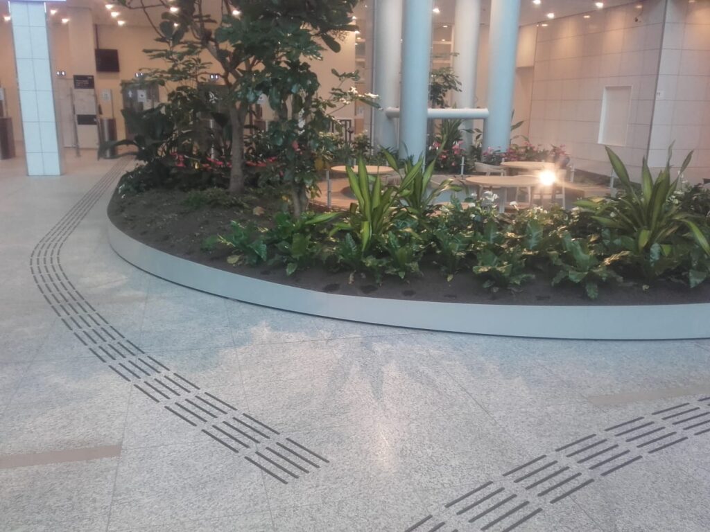 Close-up van de geleideroute in het atrium met op de achtergrond een gekromde en verhoogde plantenbak.