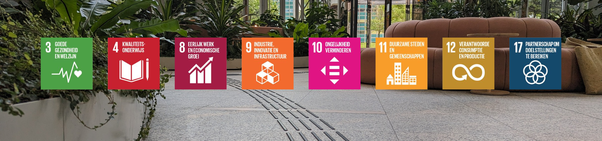 Entreehal van een groot kantoorgebouw met geleidelijnen op de grond. Eromheen staan de SDG's waar TG Lining zich mee bezig houdt, wat verder door de tekst onder de header wordt verklaard.